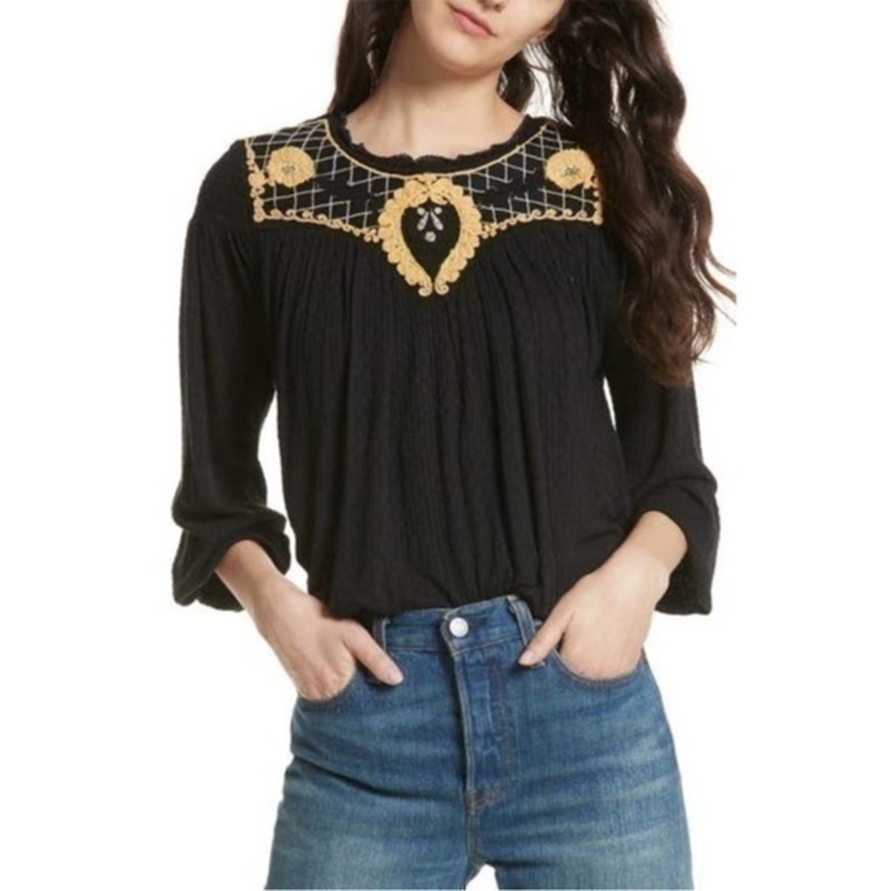 Free People Begonia Black Embroidered Top, S Bubble Hem